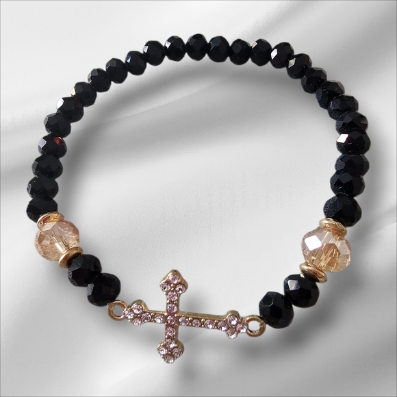 Jewelry - Elegant Black and Gold Beaded Bracelet with Cross Charm